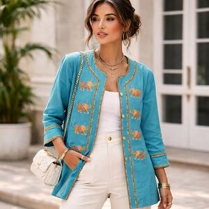 Bob Mackie Wearable Art Turquoise Elephant Embroider Jacket XL Vintage Boho Luxe